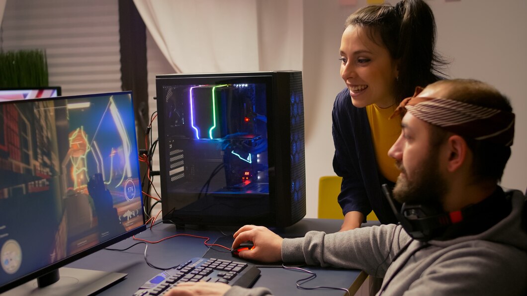 Um homem e uma mulher jogando juntos.